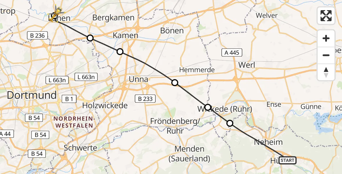 Flugroute Rettungshubschrauber Arnsberg - Sankt Marien Hospital, 07 Mai 2026, 16:10