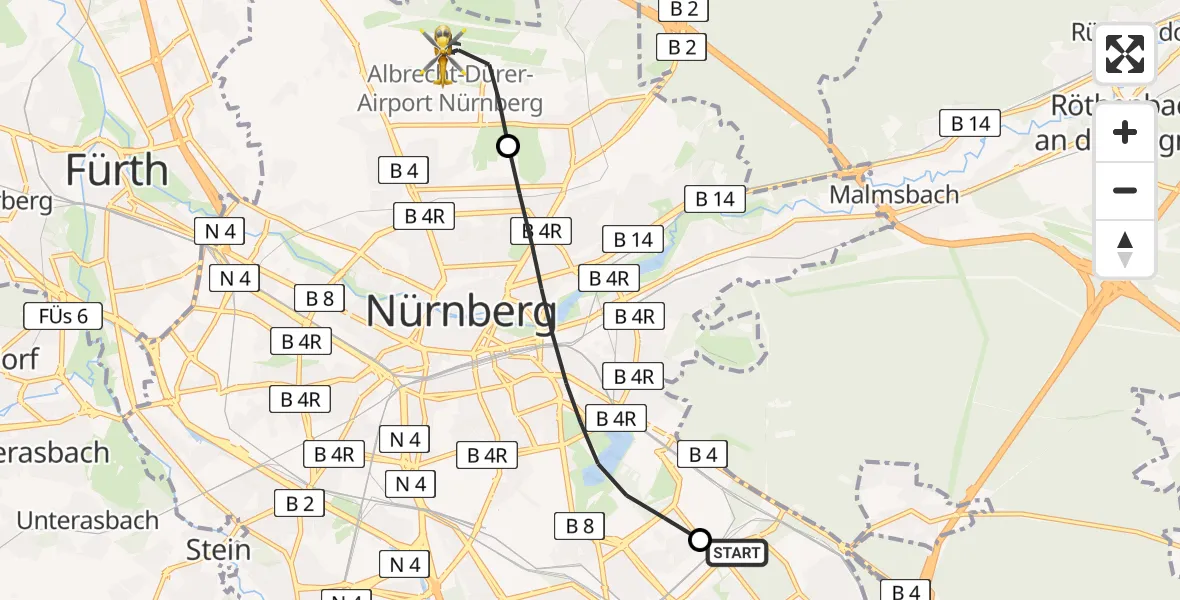 Flugroute Rettungshubschrauber Nürnberg South Hospital - Flughafen Nuremberg, 07 Mai 2026, 16:12