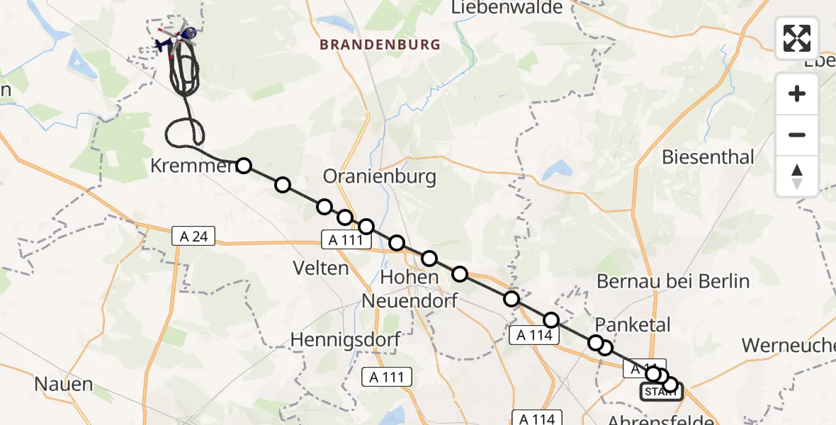 Flugroute Polizeihubschrauber Ahrensfelde Hubschrauberlandeplatz - Kremmen, 07 Mai 2026, 16:26