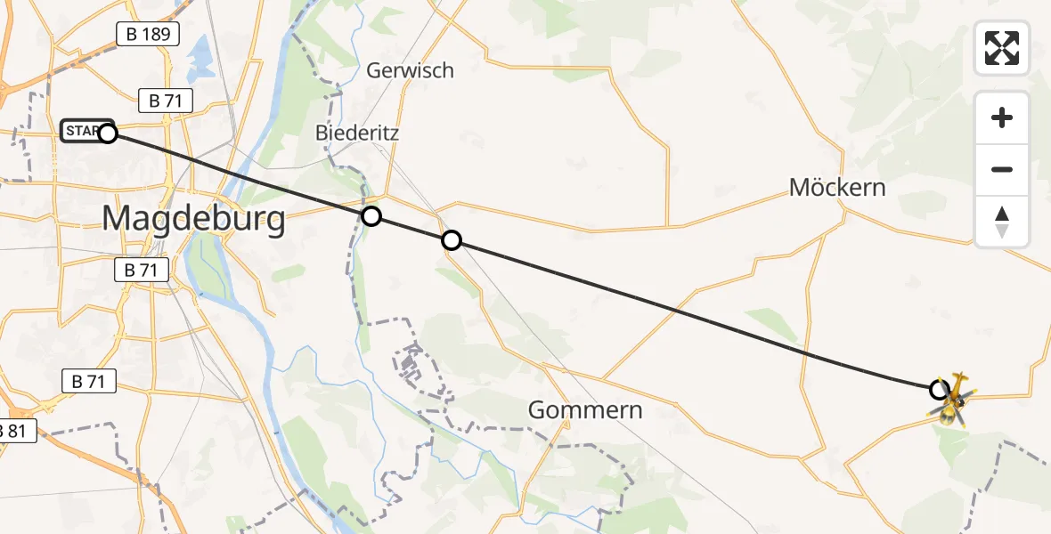 Flugroute Rettungshubschrauber Magdeburg Hospital - Möckern, 07 Mai 2026, 16:29