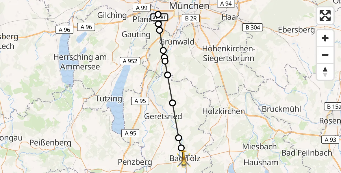 Flugroute Rettungshubschrauber DRF Air Rescue München Hubschrauberlandeplatz - Bad Tölz, 07 Mai 2026, 16:30