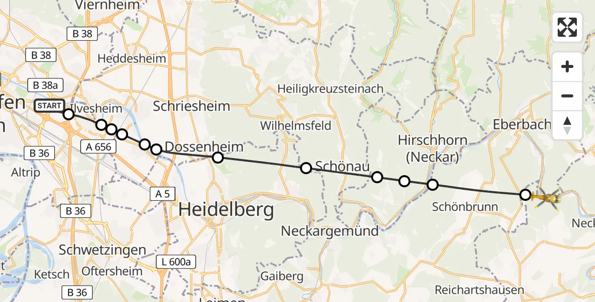 Flugroute Rettungshubschrauber Mannheim-City Flughafen - Eberbach, 07 Mai 2026, 16:31