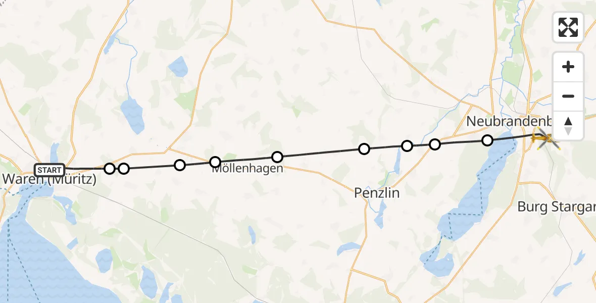 Flugroute Rettungshubschrauber Waren (Müritz) - Neubrandenburg, 07 Mai 2026, 16:35
