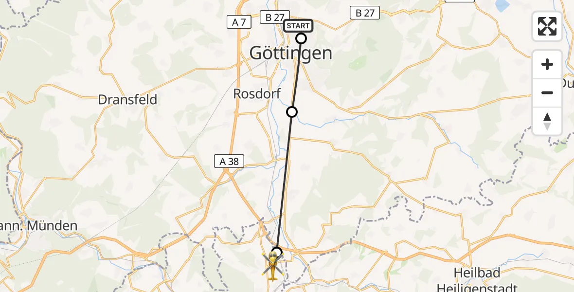 Flugroute Rettungshubschrauber Göttingen University Clinic Hubschrauberlandeplatz - Neu-Eichenberg, 07 Mai 2026, 16:48