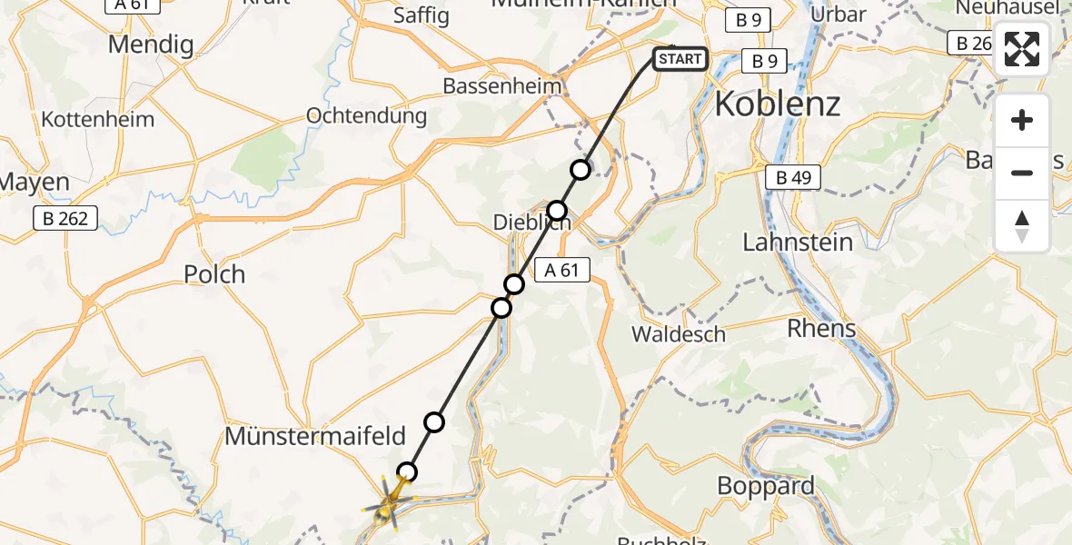 Flugroute Rettungshubschrauber Koblenz - Hatzenport, 07 Mai 2026, 16:57