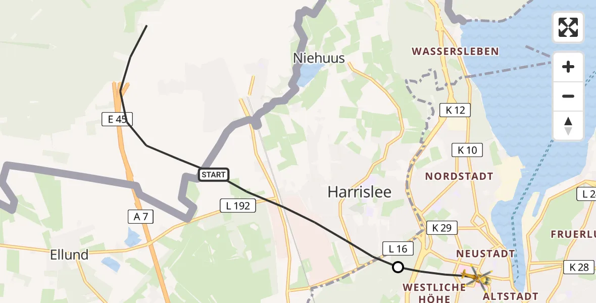 Flugroute Rettungshubschrauber Harrislee - Flensburg, 07 Mai 2026, 17:01
