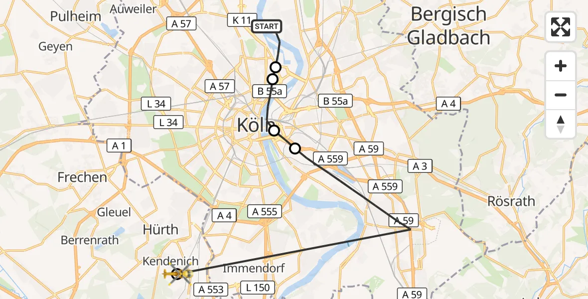 Flugroute Rettungshubschrauber Köln - Hürth, 07 Mai 2026, 17:04