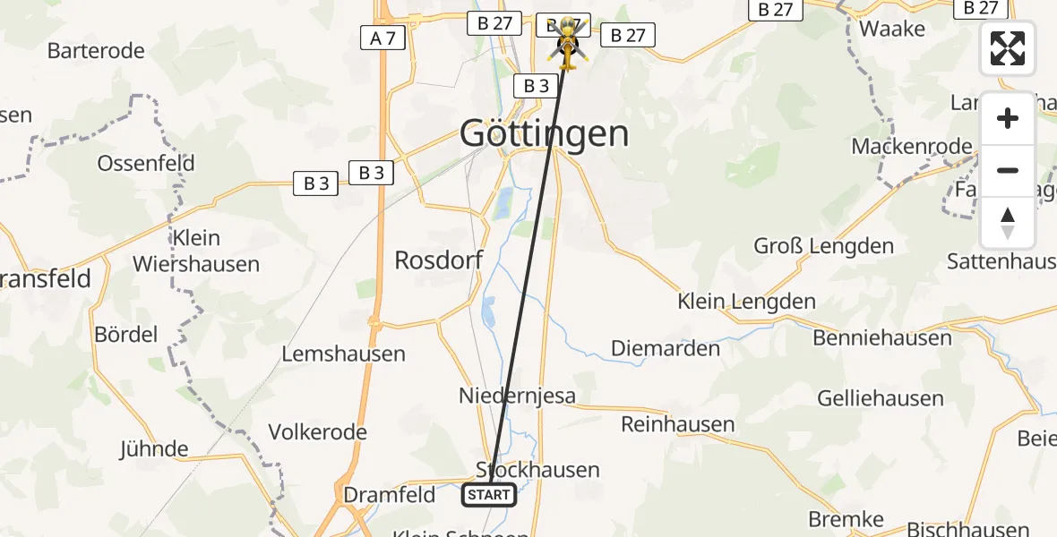 Flugroute Rettungshubschrauber Rosdorf - Göttingen University Clinic Hubschrauberlandeplatz, 07 Mai 2026, 17:31