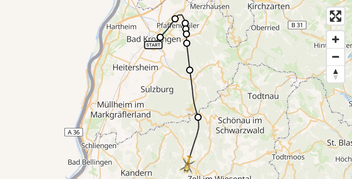 Flugroute Rettungshubschrauber Bad Krozingen - Kleines Wiesental, 07 Mai 2026, 17:49