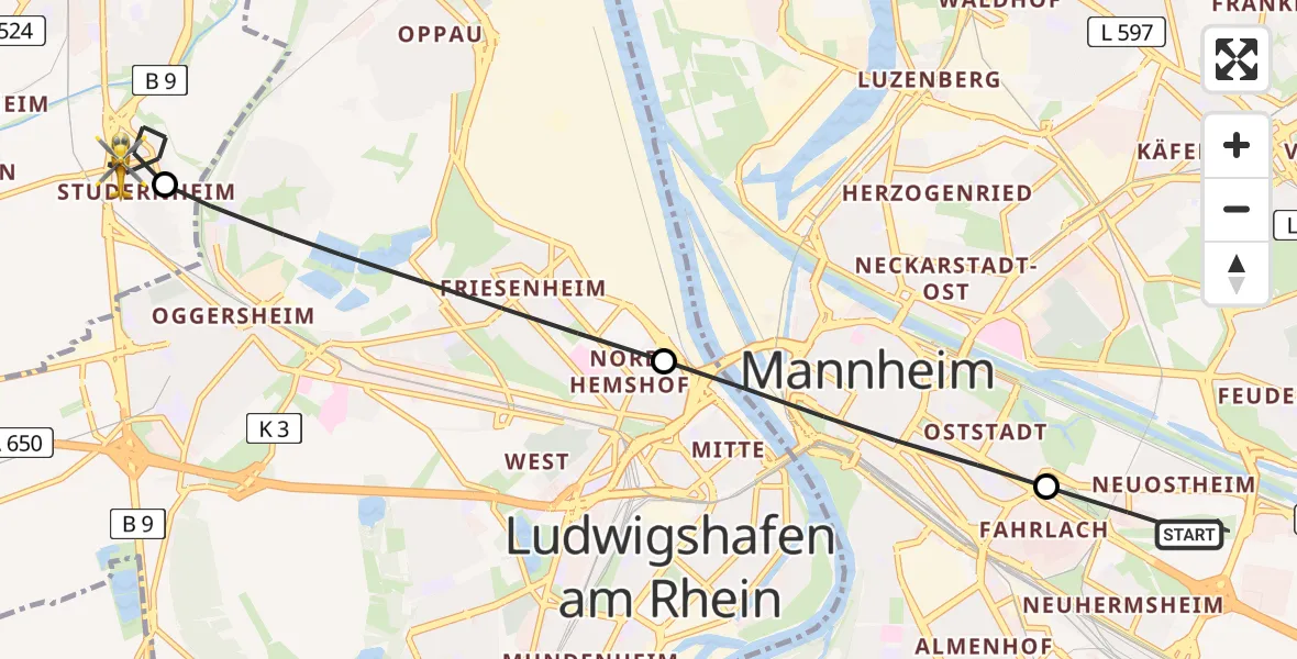 Flugroute Rettungshubschrauber Mannheim-City Flughafen - Frankenthal (Pfalz), 07 Mai 2026, 17:52