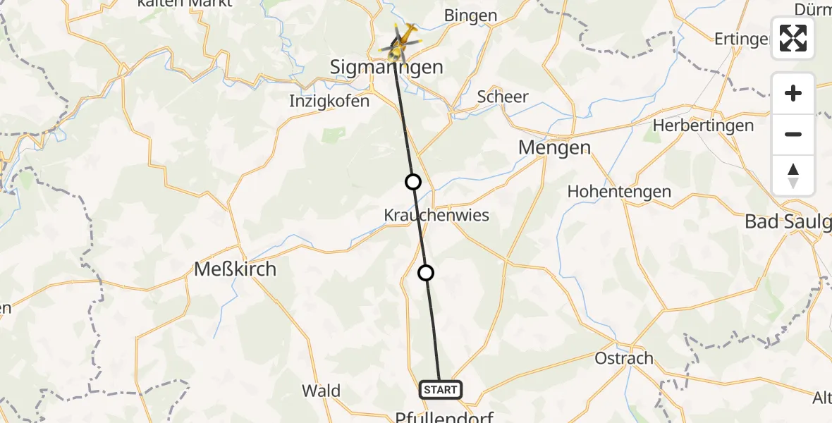 Flugroute Rettungshubschrauber Pfullendorf - Sigmaringen, 07 Mai 2026, 18:00