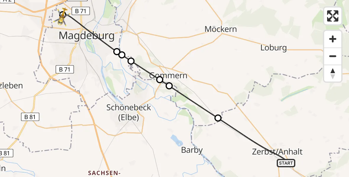 Flugroute Rettungshubschrauber Zerbst/Anhalt - Magdeburg Hospital, 07 Mai 2026, 18:05