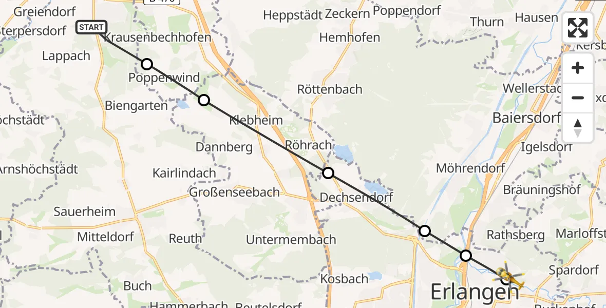 Flugroute Rettungshubschrauber Höchstadt a.d.Aisch - Erlangen University Hospital Ebrardstraße, 07 Mai 2026, 18:08