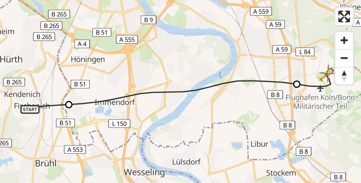 Flugroute Rettungshubschrauber Hürth - Köln Bonn Flughafen, 07 Mai 2026, 18:11