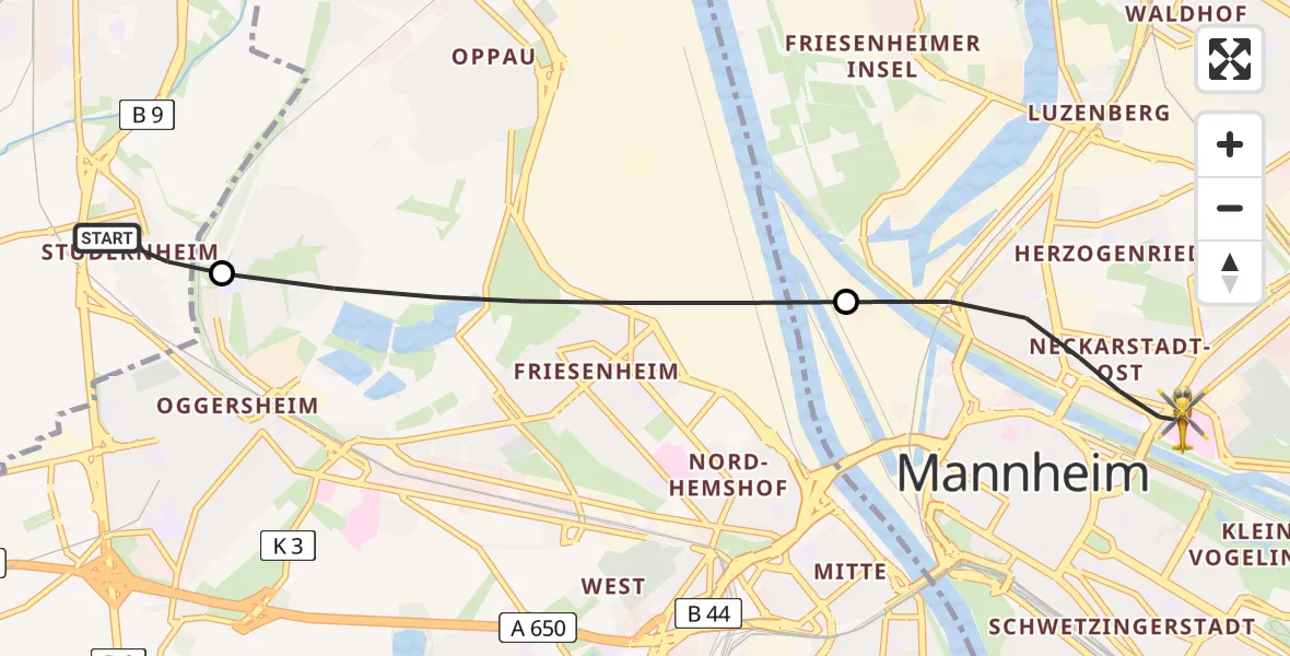 Flugroute Rettungshubschrauber Frankenthal (Pfalz) - Mannheim, 07 Mai 2026, 18:16