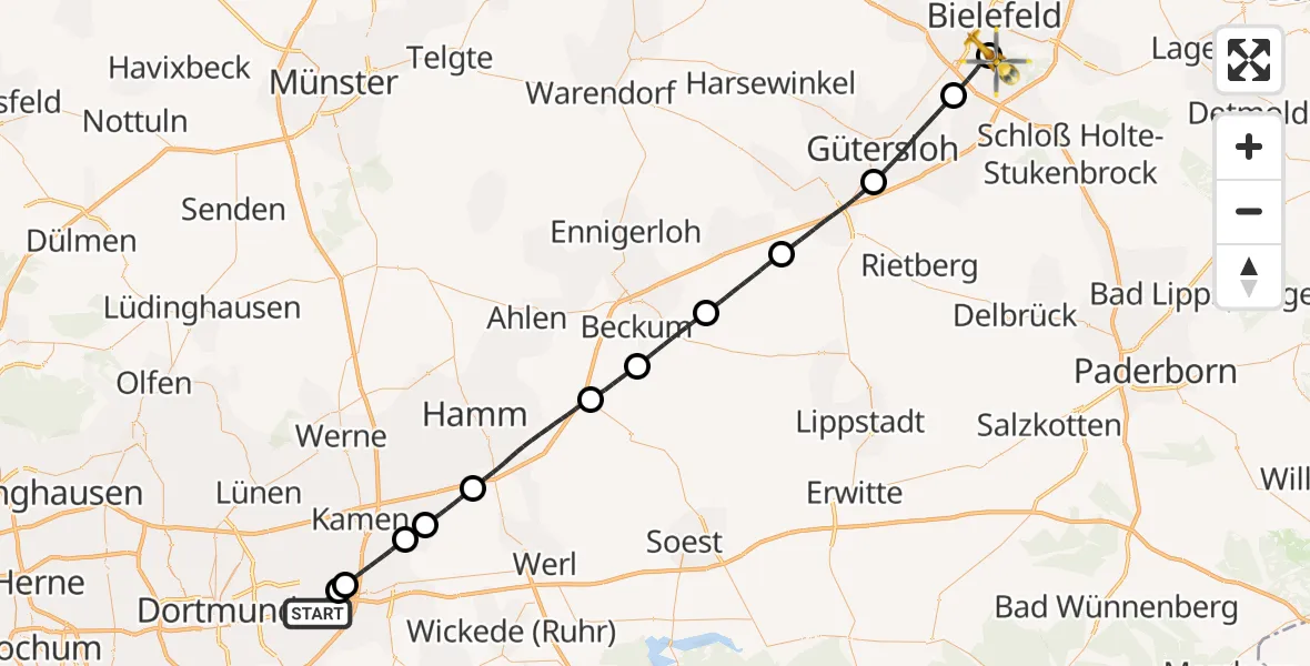 Flugroute Rettungshubschrauber Dortmund Flughafen - Luftrettungszentrum Bielefeld, 07 Mai 2026, 18:19