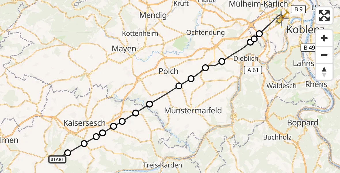Flugroute Rettungshubschrauber Büchel - Koblenz, 07 Mai 2026, 18:33