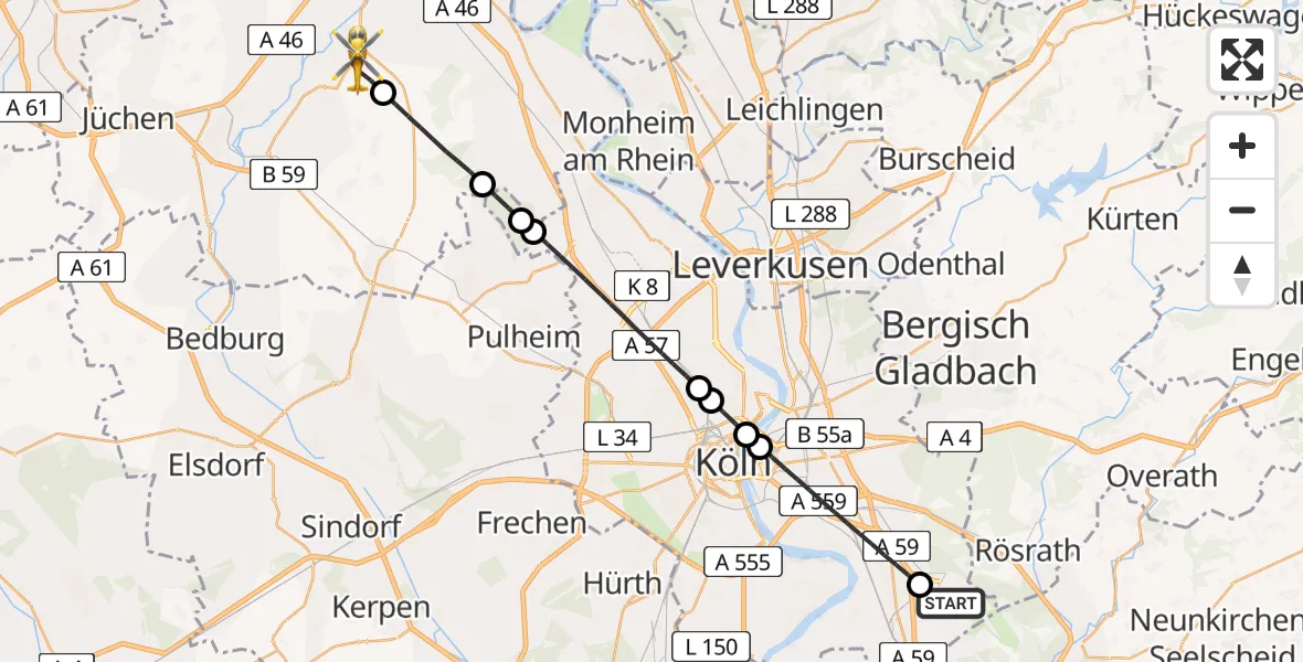 Flugroute Rettungshubschrauber Köln Bonn Flughafen - Grevenbroich, 07 Mai 2026, 18:34