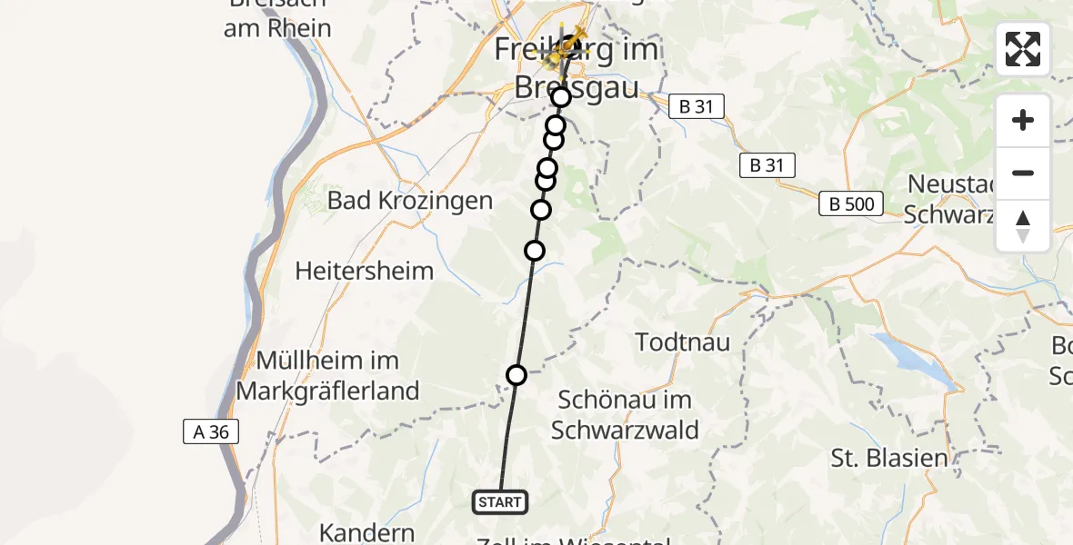 Flugroute Rettungshubschrauber Kleines Wiesental - Freiburg University Hospital Heliport 1, 07 Mai 2026, 18:41