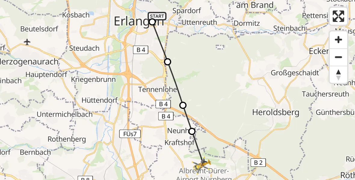 Flugroute Rettungshubschrauber Erlangen University Hospital Ebrardstraße - Flughafen Nuremberg, 07 Mai 2026, 18:45