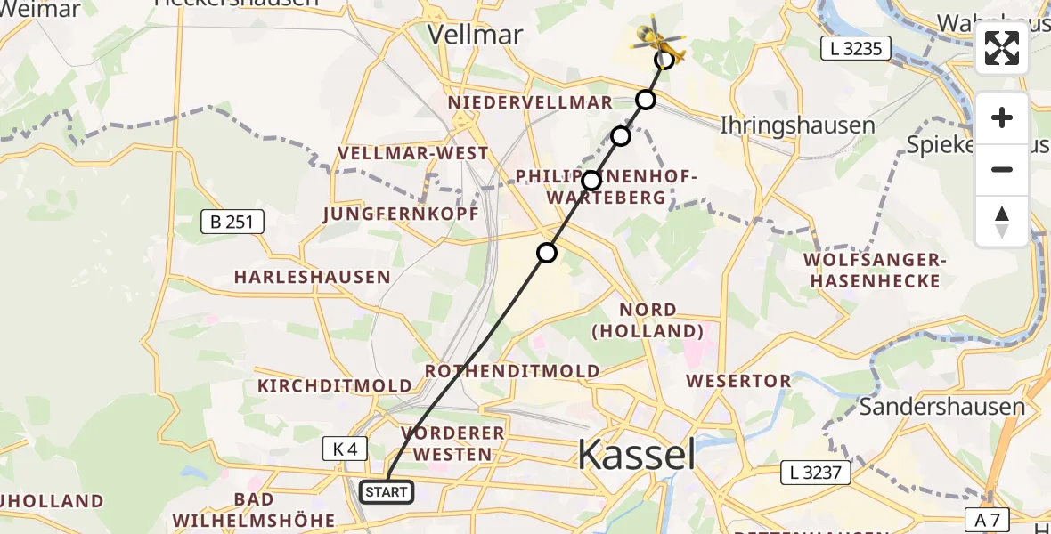 Flugroute Rettungshubschrauber Kassel - Fuldatal Bundespolizei Hubschrauberlandeplatz, 07 Mai 2026, 18:46