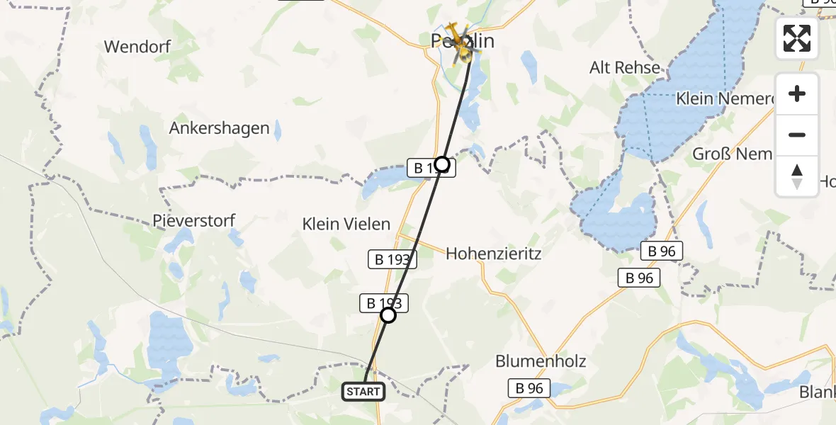 Flugroute Rettungshubschrauber Neustrelitz - Penzlin, 07 Mai 2026, 18:46