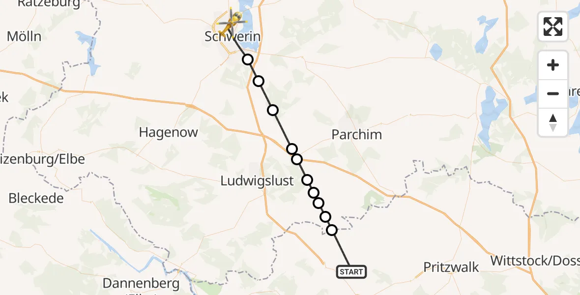 Flugroute Rettungshubschrauber Karstädt - Schwerin, 07 Mai 2026, 18:50