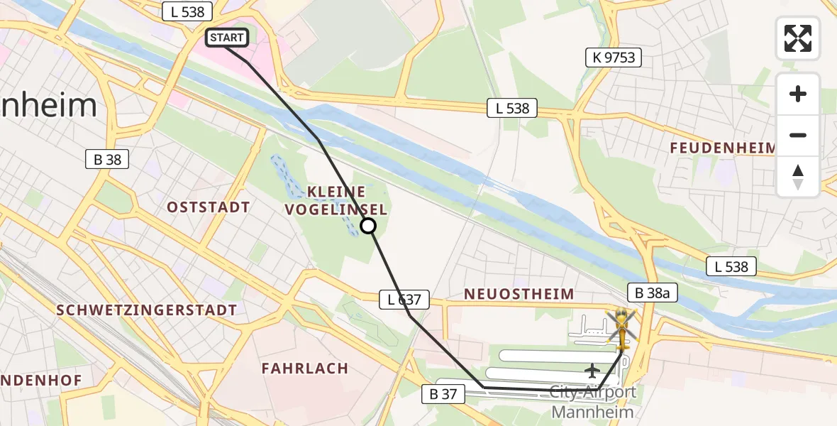 Flugroute Rettungshubschrauber Mannheim - Mannheim-City Flughafen, 07 Mai 2026, 18:52