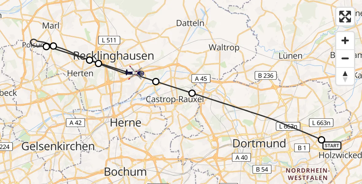 Flugroute Polizeihubschrauber Dortmund Flughafen - Recklinghausen, 07 Mai 2026, 18:59