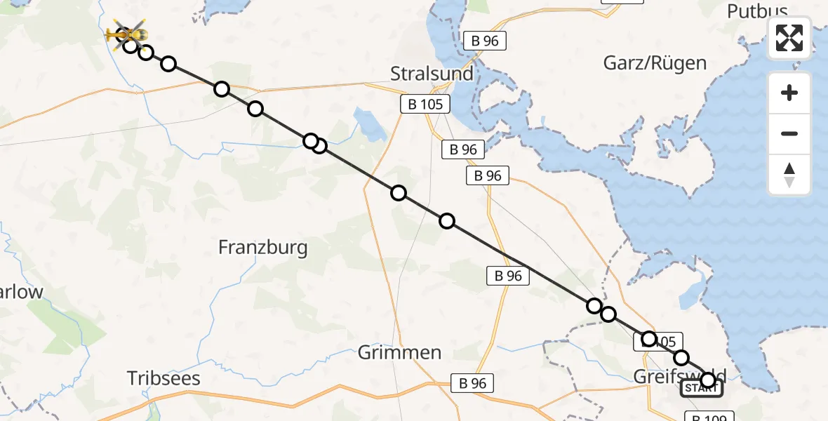 Flugroute Rettungshubschrauber Greifswald Hospital - Stralsund-Barth Flughafen, 07 Mai 2026, 19:02