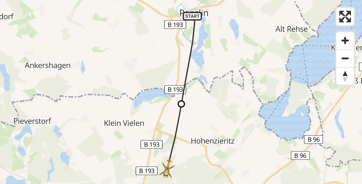 Flugroute Rettungshubschrauber Penzlin - Hohenzieritz, 07 Mai 2026, 19:08