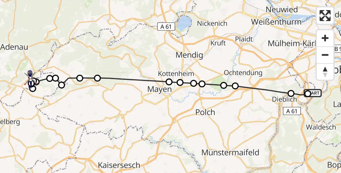 Flugroute Polizeihubschrauber Koblenz-Winningen Flugplatz - Meuspath, 07 Mai 2026, 19:11