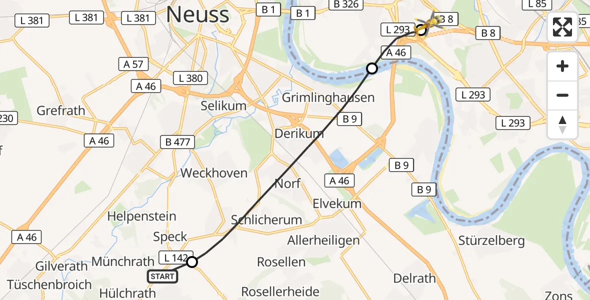 Flugroute Rettungshubschrauber Grevenbroich - Düsseldorf University Hospital, 07 Mai 2026, 19:19