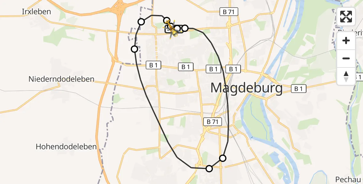 Flugroute Rettungshubschrauber Magdeburg Hospital - Magdeburg Hospital, 07 Mai 2026, 19:30