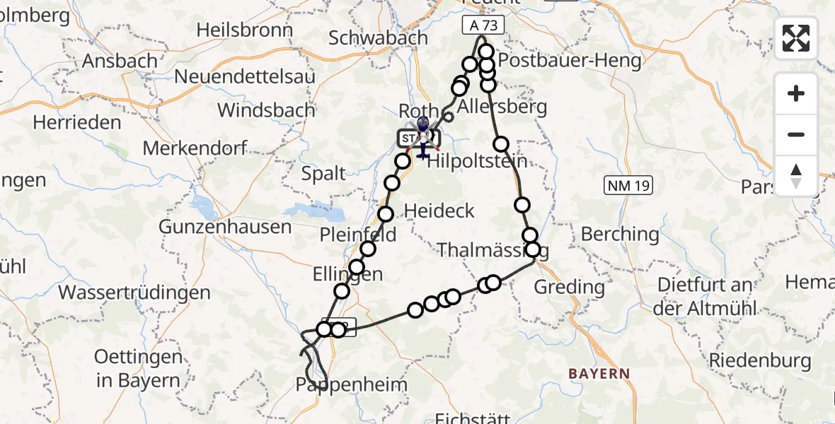 Flugroute Polizeihubschrauber Roth - Flugplatz Roth, 07 Mai 2026, 19:33