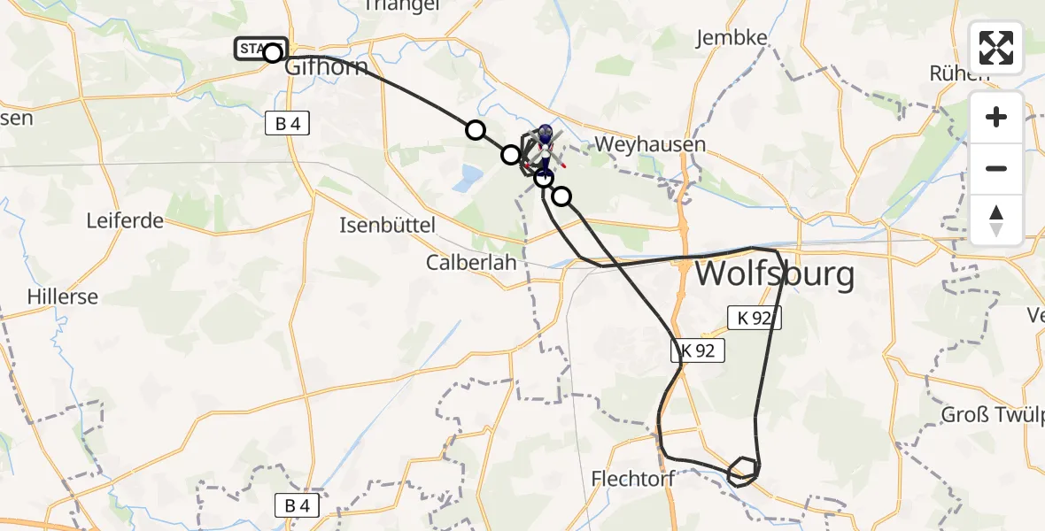Flugroute Polizeihubschrauber Gifhorn Bundespolizei Hubschrauberlandeplatz - Calberlah, 07 Mai 2026, 19:48