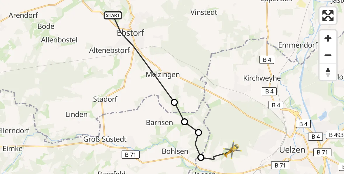 Flugroute Rettungshubschrauber Ebstorf - Uelzen, 07 Mai 2026, 19:49