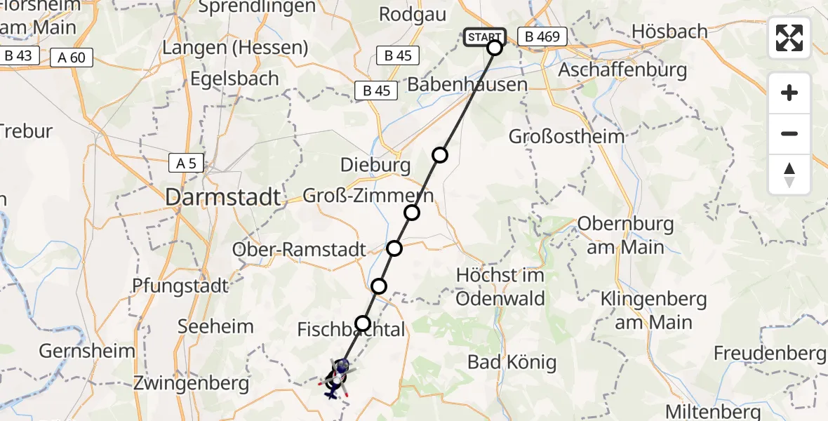 Flugroute Polizeihubschrauber Mainhausen - Reichelsheim (Odenwald), 07 Mai 2026, 19:57