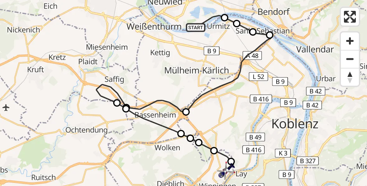 Flugroute Polizeihubschrauber Neuwied - Koblenz-Winningen Flugplatz, 07 Mai 2026, 20:07