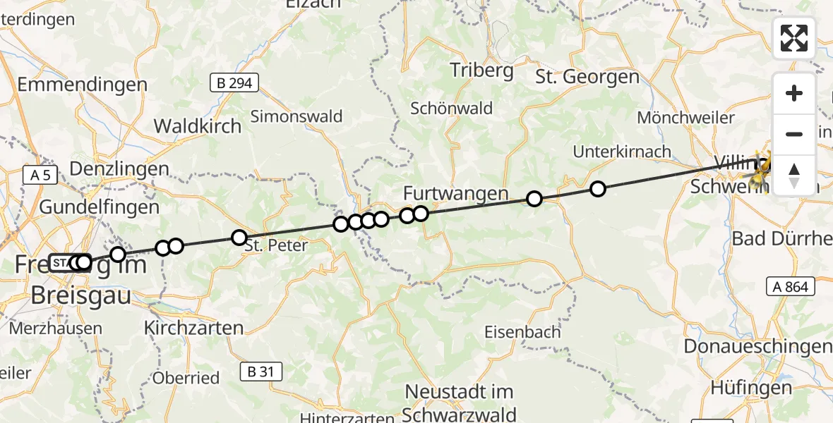 Flugroute Ambulanzhubschrauber Freiburg University Hospital Heliport 1 - DRF Air Rescue Station Villingen-Schwenningen Hubschrauberlandeplatz (Christoph 11), 07 Mai 2026, 20:19