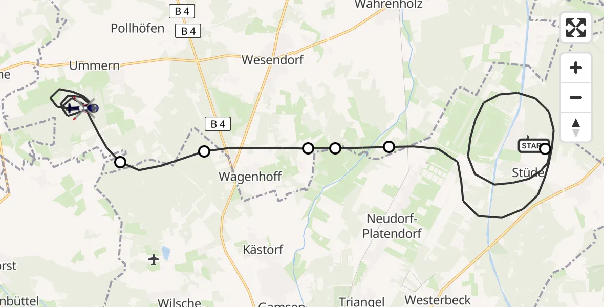 Flugroute Polizeihubschrauber Stüde Bernsteinsee Flugplatz - Ummern, 07 Mai 2026, 20:29