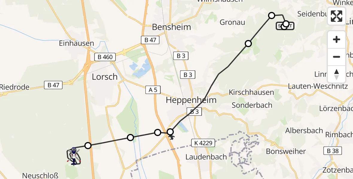 Flugroute Polizeihubschrauber Lautertal (Odenwald) - Lampertheim, 07 Mai 2026, 20:35