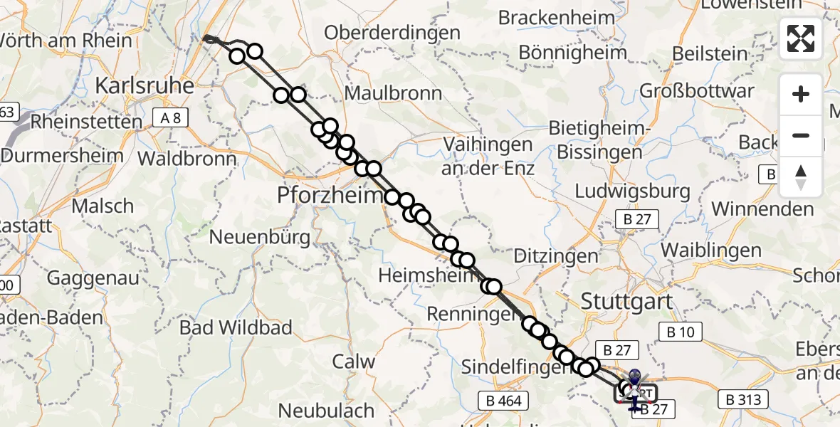 Flugroute Polizeihubschrauber Flughafen Stuttgart - Flughafen Stuttgart, 07 Mai 2026, 20:36