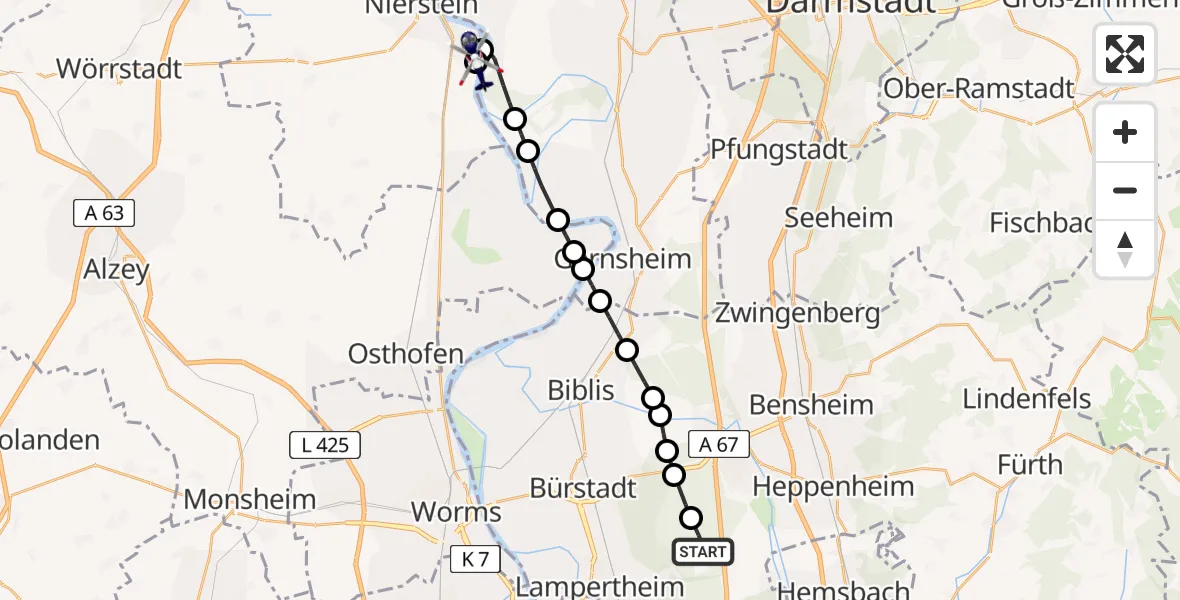 Flugroute Polizeihubschrauber Lampertheim - Oppenheim Flugplatz, 07 Mai 2026, 20:52