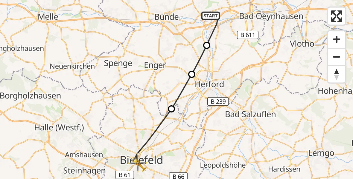 Flugroute Ambulanzhubschrauber Löhne - Bielefeld, 07 Mai 2026, 21:05