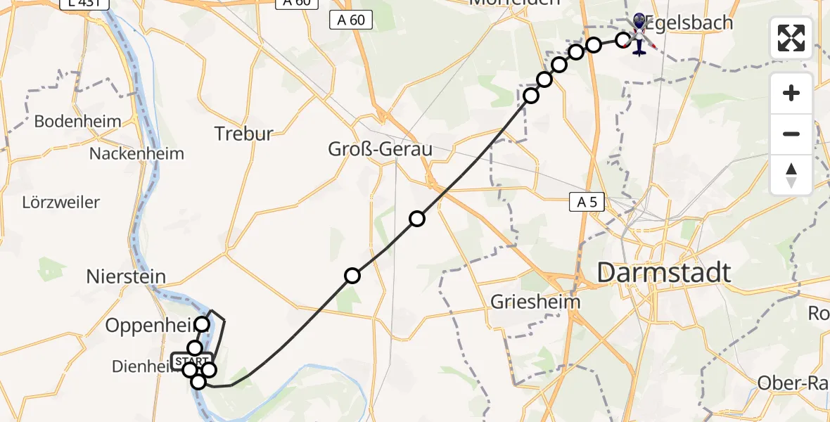Flugroute Polizeihubschrauber Oppenheim Flugplatz - Flughafen Frankfurt-Egelsbach, 07 Mai 2026, 21:08