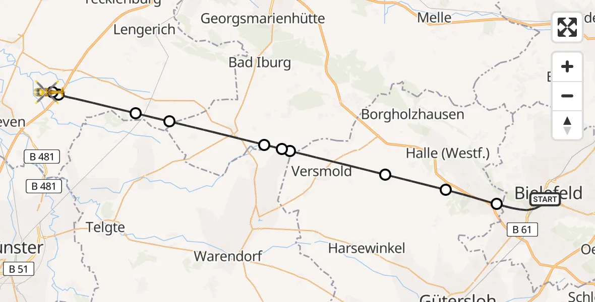 Flugroute Ambulanzhubschrauber Bielefeld - Christoph  Westfalen-ADAC, 07 Mai 2026, 21:50