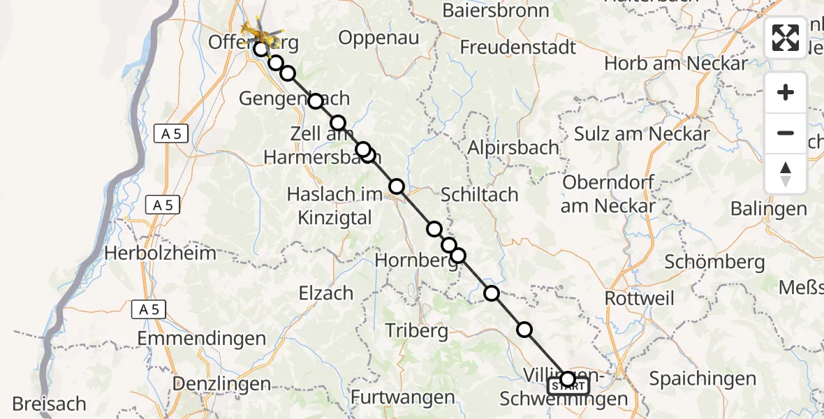 Flugroute Ambulanzhubschrauber DRF Air Rescue Station Villingen-Schwenningen Hubschrauberlandeplatz (Christoph 11) - Offenburg, 07 Mai 2026, 23:21