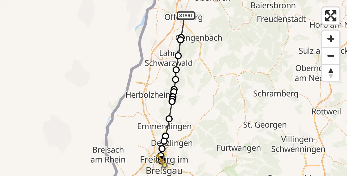 Flugroute Ambulanzhubschrauber Offenburg - Freiburg University Hospital Heliport 1, 08 Mai 2026, 00:15