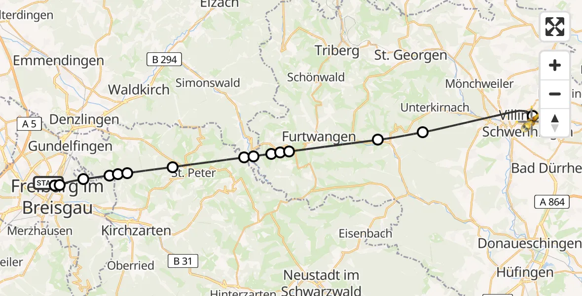 Flugroute Ambulanzhubschrauber Freiburg University Hospital Heliport 1 - DRF Air Rescue Station Villingen-Schwenningen Hubschrauberlandeplatz (Christoph 11), 08 Mai 2026, 01:10